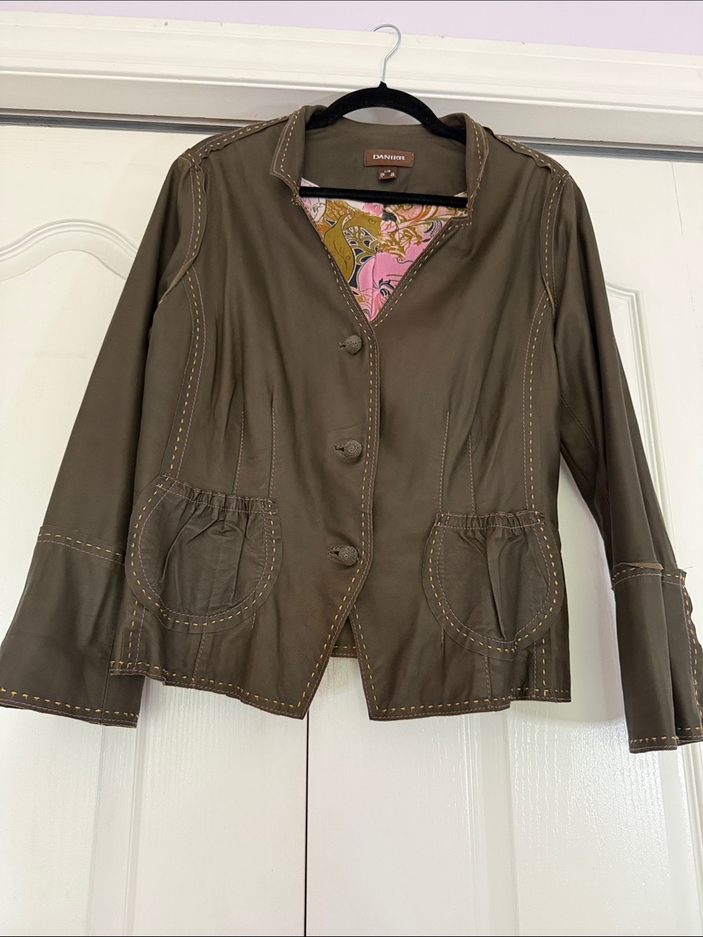 Danier Olive Leather Button-Front Blazer Soft, Beautiful